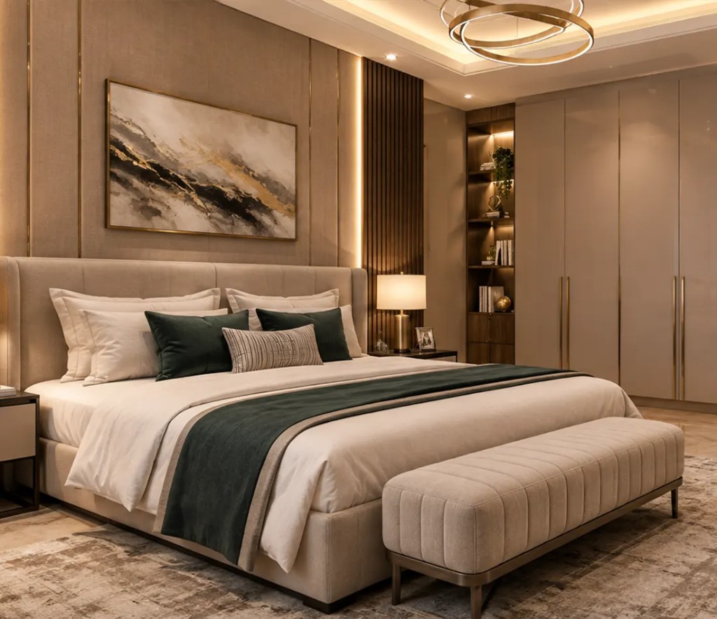 Beige bedroom with a green throw