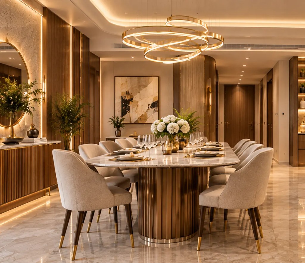 Dining area with a marble table and brass chandelier