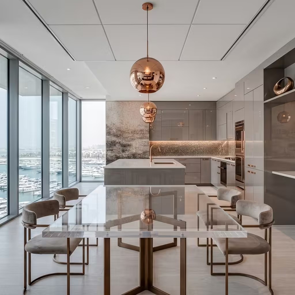 Kitchen with a marina view