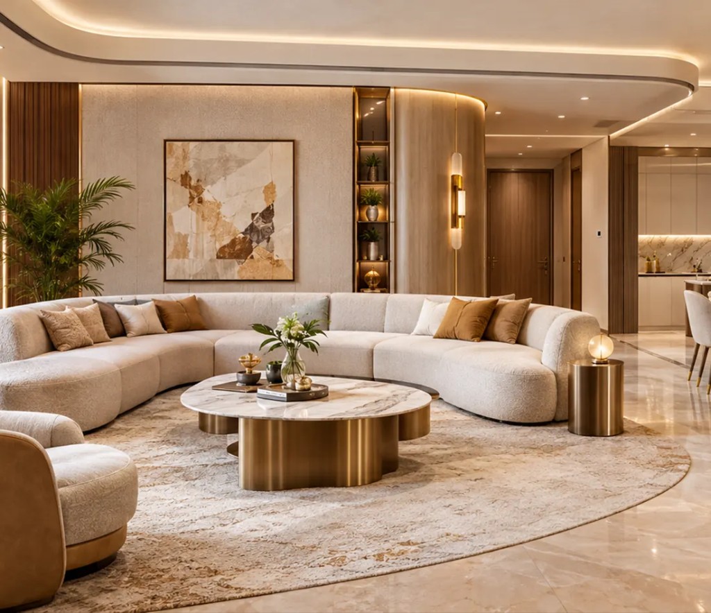 Curved living room with a waterfront view